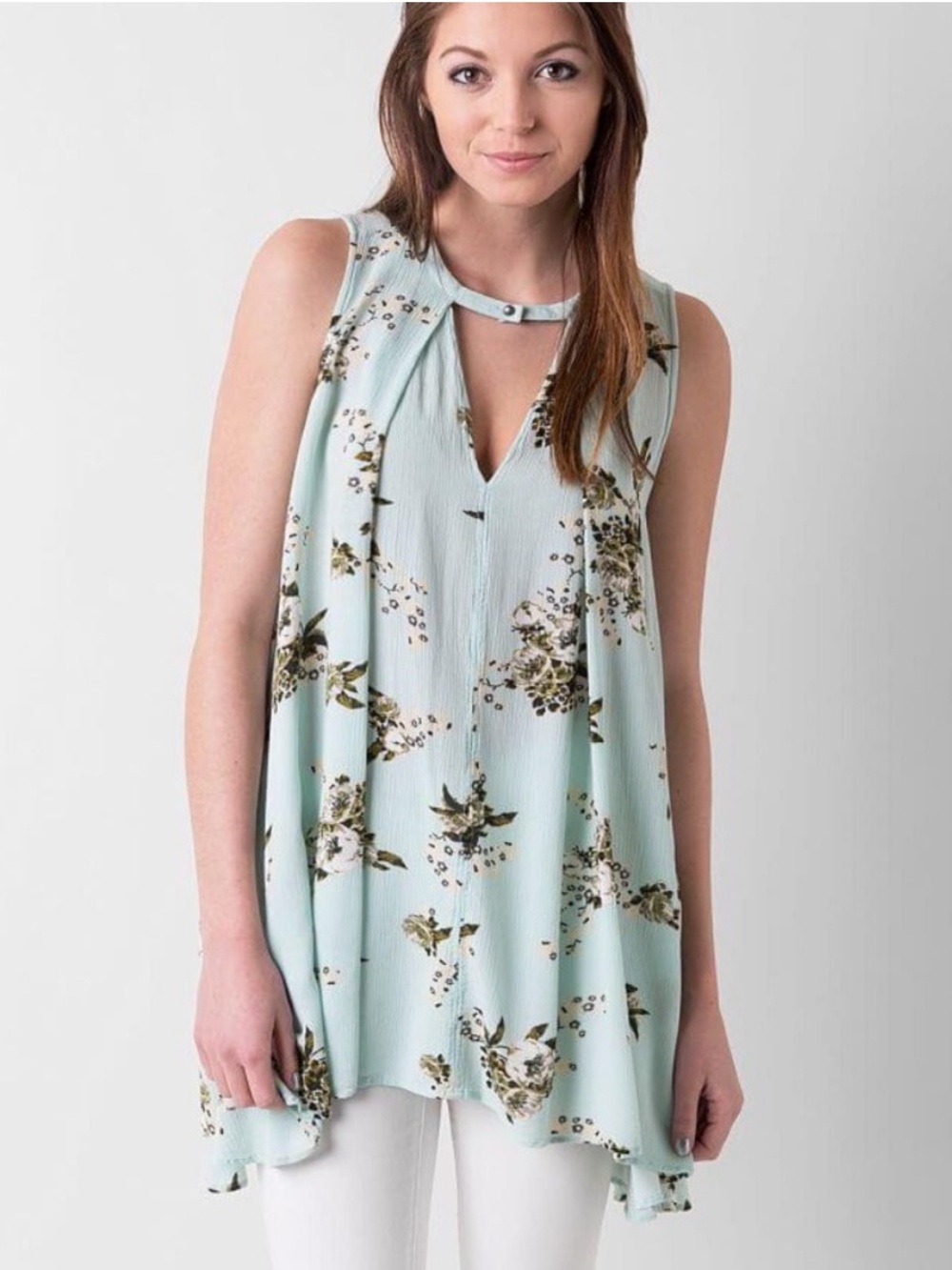 Free People Tree Swing Sleeveless Flowy Boho Floral Mint Tunic Tank Top Size L